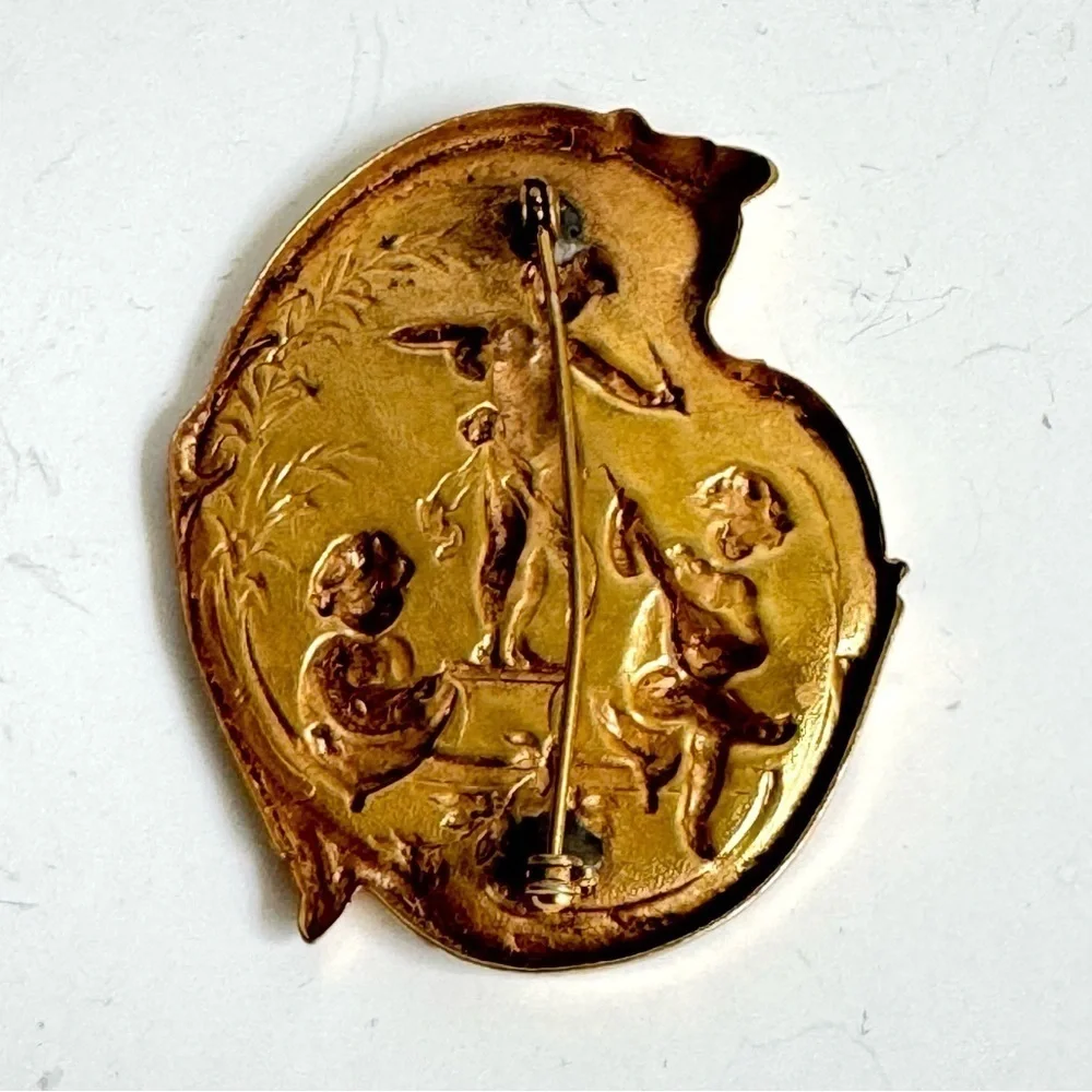 Vintage Cherub Brooch Art Nouveau Style Gold Plated Angel Pin Estate‎ Piece